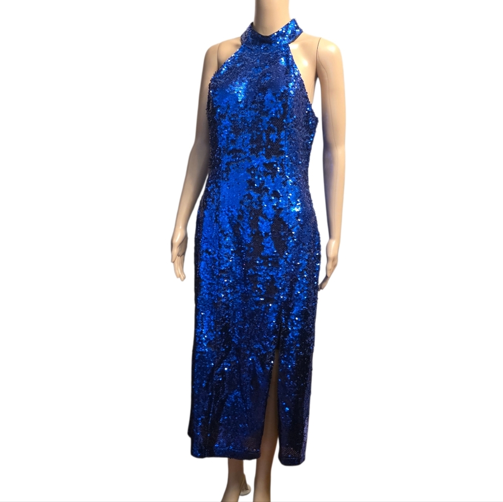 Donna Morgan Shimmering Blue Sequin Midi Dress Size 10 - Picture 4 of 12